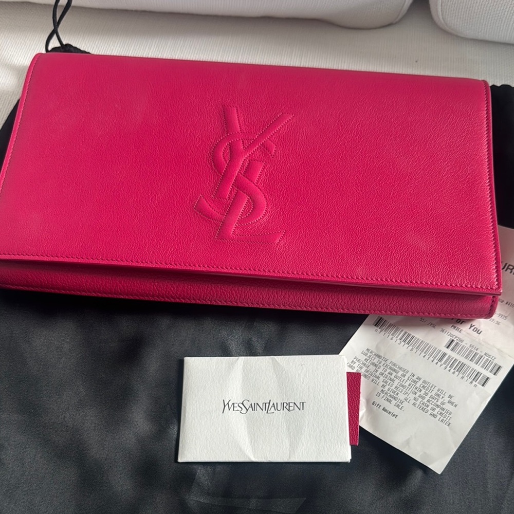 New YSL large Yves Saint Laurent Fuchsia Leather Clutch bag